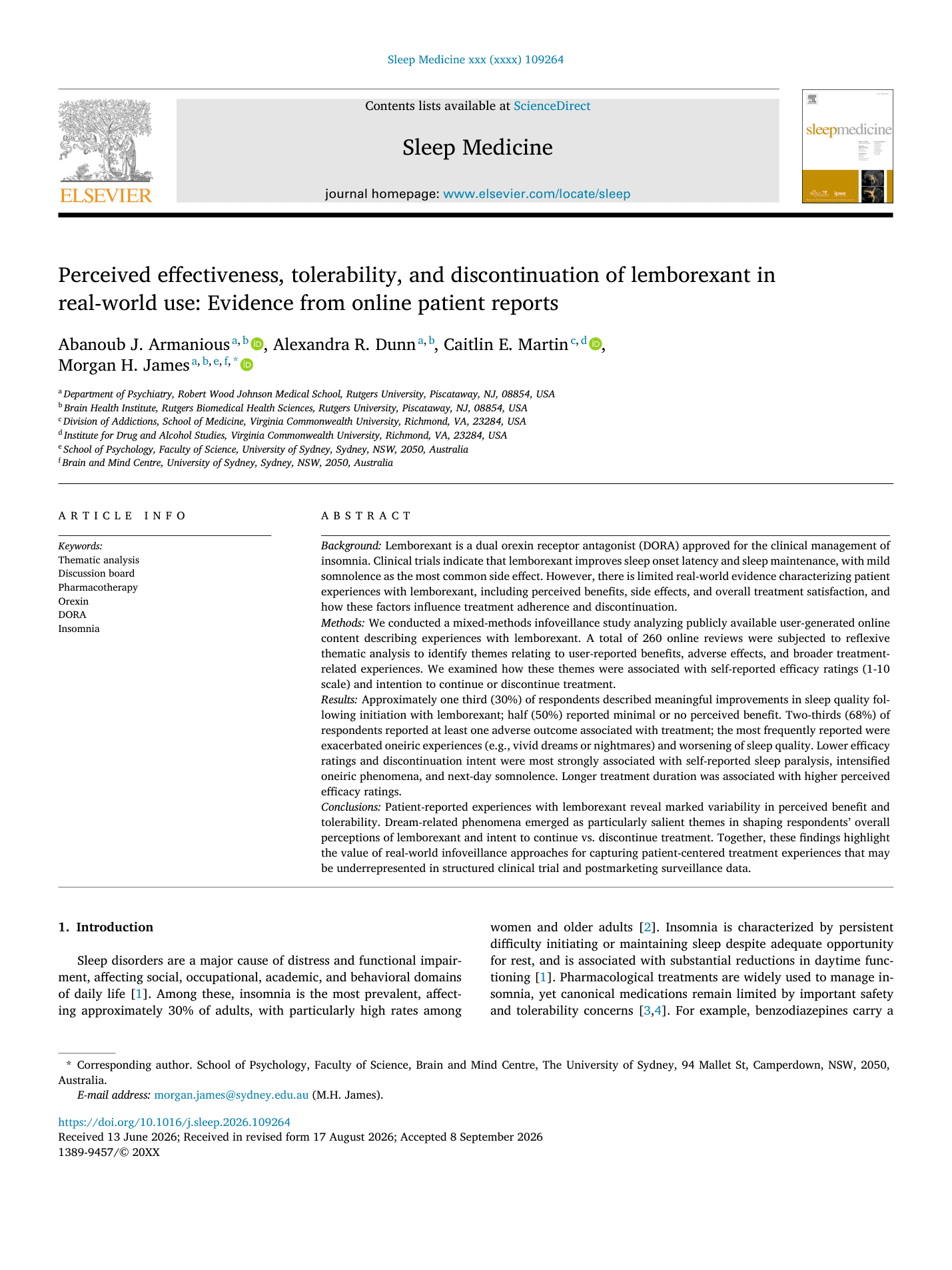 Perceived Effectiveness, Tolerability, and Discontinuation of Lemborexant in Real-World Use: Evidence from Online Patient Reports (article page)